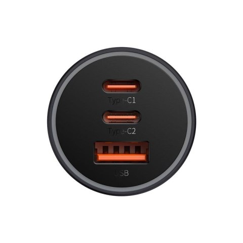 Baseus ładowarka samochodowa Golden Contactor Pro Triple Fast 1x USB 2x USB-C 65W szara