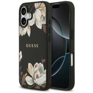 Etui Guess Grained Flowers Classic Logo MagSafe na iPhone 17 - czarne