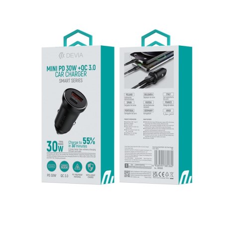 Devia ładowarka samochodowa Smart Mini PD QC 3.0 30W 1x USB-C 1x USB czarna Devia ładowarka samochodowa Smart Mini PD QC 3.0 30W 1x USB-C 1x USB czarna