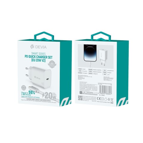Devia ładowarka sieciowa Smart PD 20W 1x USB-C biała + kabel Lightning - USB-C V2 Devia ładowarka sieciowa Smart PD 20W 1x USB-C biała + kabel Lightning - USB-C V2