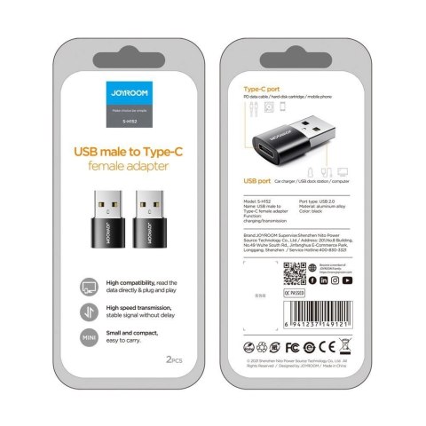 Joyroom adapter przejściówka z USB Typ C (żeński) na USB (męski) 2 szt. czarny (S-H152 Black)