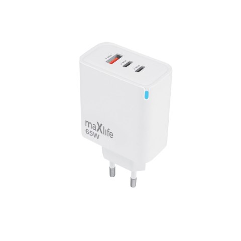 Maxlife ładowarka sieciowa GaN PD QC MXTC-09-65ACC 2x USB-C 1x USB 65W biała