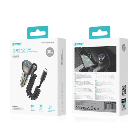 BWOO ładowarka samochodowa PD CC96C 1x USB-C 1x USB 30W z kabelem USB-C szara