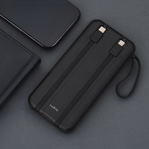 Maxlife power bank z wbudowanymi kablami MXPB-06 PD QC 22,5W 10000 mAh czarny