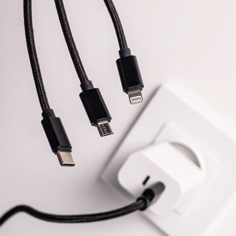 Maxlife kabel 3w1 USB - Lightning + USB-C + microUSB 1,0 m 2,1A czarny nylonowy Maxlife kabel 3w1 USB - Lightning + USB-C + microUSB 1,0 m 2,1A czarny nylonowy