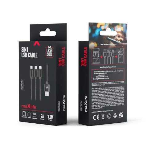 Maxlife kabel 3w1 USB - Lightning + USB-C + microUSB 1,0 m 2,1A czarny nylonowy Maxlife kabel 3w1 USB - Lightning + USB-C + microUSB 1,0 m 2,1A czarny nylonowy