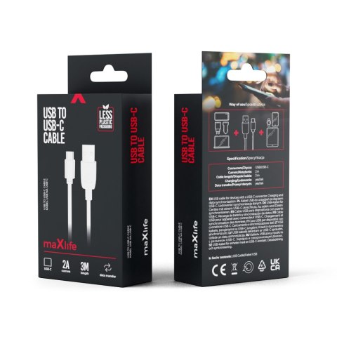 Maxlife kabel USB - USB-C 3,0 m 2A biały Maxlife kabel USB - USB-C 3,0 m 2A biały