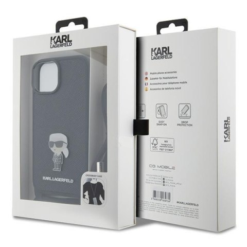 Karl Lagerfeld nakładka do iPhone 15 6,1" KLHCP15SSASKNPSK czarna HC Saffiano Ikonik Metal Pin Monogram Crossbody