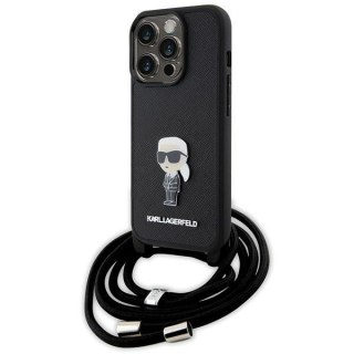 Karl Lagerfeld nakładka do iPhone 15 Pro 6,1" KLHCP15LSASKNPSK czarna HC Saffiano Ikonik Metal Pin Monogram Crossbody