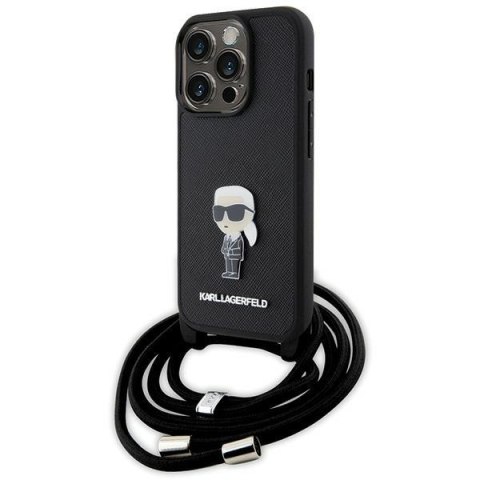 Karl Lagerfeld nakładka do iPhone 15 Pro 6,1" KLHCP15LSASKNPSK czarna HC Saffiano Ikonik Metal Pin Monogram Crossbody