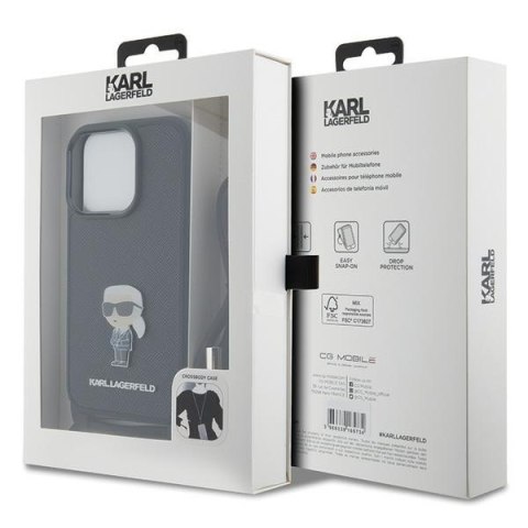 Karl Lagerfeld nakładka do iPhone 15 Pro 6,1" KLHCP15LSASKNPSK czarna HC Saffiano Ikonik Metal Pin Monogram Crossbody
