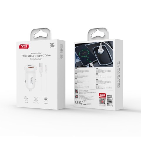 XO ładowarka samochodowa CC69 PD 30W QC 1x USB 1x USB-C biała + kabel USB - USB-C