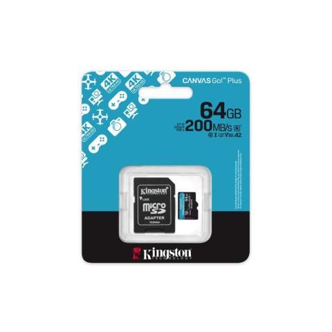 Kingston karta pamięci 64GB microSDXC Canvas Go Plus Gen4 200MB/s A2 U3 V30 + adapter