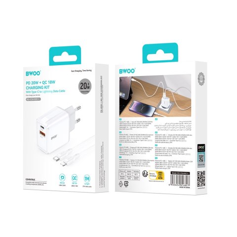 BWOO ładowarka sieciowa CDA182 QC 38W 1x USB-A + 1x USB-C z kablem USB-C-Lightning 1 m biała