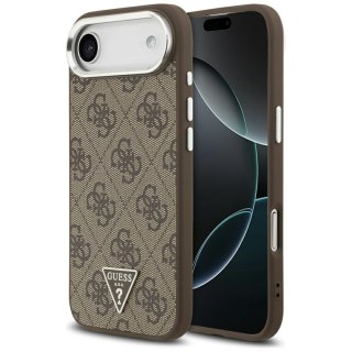 Guess Nakładka Magsafe 4G PU Leather Case With Triangle Logo And Silver Metal Camera Frame Do iPhone 17 Air Brązowa