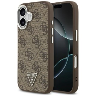 Guess Nakładka Magsafe 4G PU Leather Case With Triangle Logo And Silver Metal Camera Frame Do iPhone 17 Brązowa