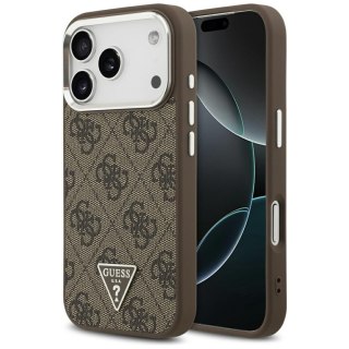 Guess Nakładka Magsafe 4G PU Leather Case With Triangle Logo And Silver Metal Camera Frame Do iPhone 17 Pro Brązowa