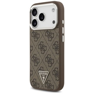 Guess Nakładka Magsafe 4G PU Leather Case With Triangle Logo And Silver Metal Camera Frame Do iPhone 17 Pro Brązowa