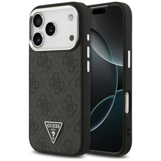 Guess Nakładka Magsafe 4G PU Leather Case With Triangle Logo And Silver Metal Camera Frame Do iPhone 17 Pro Czarna