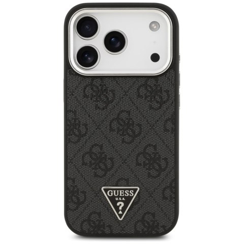 Guess Nakładka Magsafe 4G PU Leather Case With Triangle Logo And Silver Metal Camera Frame Do iPhone 17 Pro Czarna
