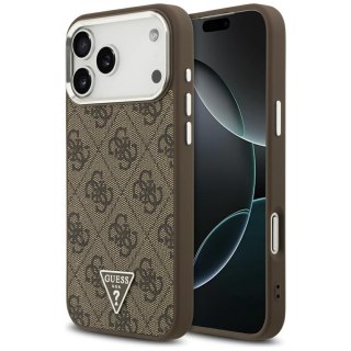 Guess Nakładka Magsafe 4G PU Leather Case With Triangle Logo And Silver Metal Camera Frame Do iPhone 17 Pro Max Brązowa