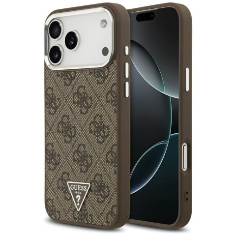 Guess Nakładka Magsafe 4G PU Leather Case With Triangle Logo And Silver Metal Camera Frame Do iPhone 17 Pro Max Brązowa