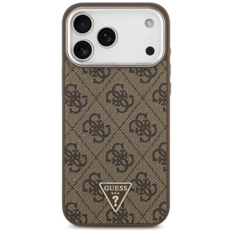 Guess Nakładka Magsafe 4G PU Leather Case With Triangle Logo And Silver Metal Camera Frame Do iPhone 17 Pro Max Brązowa