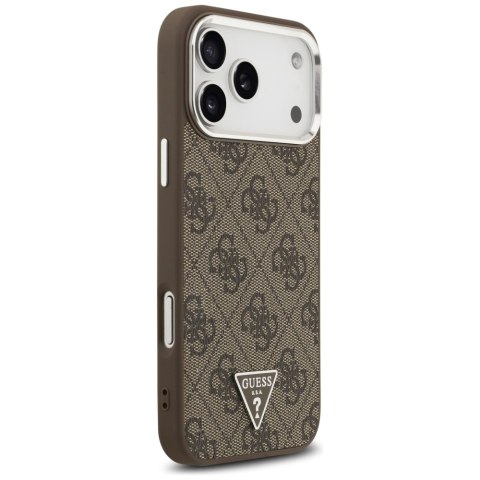 Guess Nakładka Magsafe 4G PU Leather Case With Triangle Logo And Silver Metal Camera Frame Do iPhone 17 Pro Max Brązowa