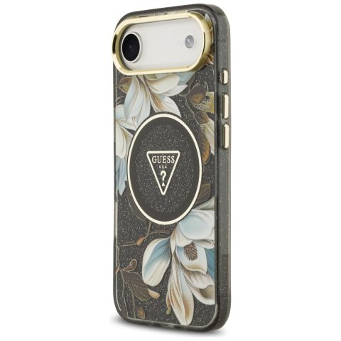 Guess Nakładka Magsafe IML Case Glitter Flowers And Triangle With Metal Camera Frame And Buttons Do iPhone 17 Air Czarna