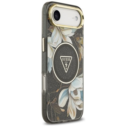 Guess Nakładka Magsafe IML Case Glitter Flowers And Triangle With Metal Camera Frame And Buttons Do iPhone 17 Air Czarna