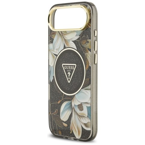 Guess Nakładka Magsafe IML Case Glitter Flowers And Triangle With Metal Camera Frame And Buttons Do iPhone 17 Air Czarna