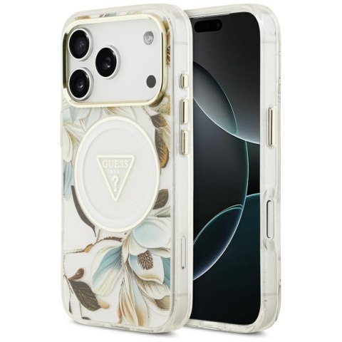 Guess Nakładka Magsafe IML Case Glitter Flowers And Triangle With Metal Camera Frame And Buttons Do iPhone 17 Pro Max Biała