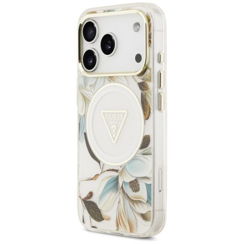 Guess Nakładka Magsafe IML Case Glitter Flowers And Triangle With Metal Camera Frame And Buttons Do iPhone 17 Pro Max Biała