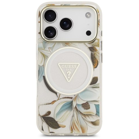 Guess Nakładka Magsafe IML Case Glitter Flowers And Triangle With Metal Camera Frame And Buttons Do iPhone 17 Pro Max Biała