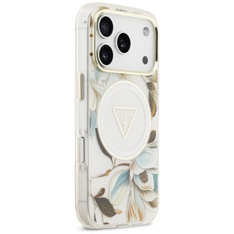 Guess Nakładka Magsafe IML Case Glitter Flowers And Triangle With Metal Camera Frame And Buttons Do iPhone 17 Pro Max Biała