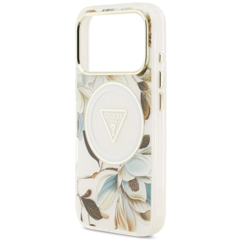 Guess Nakładka Magsafe IML Case Glitter Flowers And Triangle With Metal Camera Frame And Buttons Do iPhone 17 Pro Max Biała