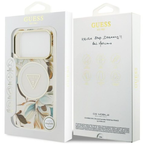 Guess Nakładka Magsafe IML Case Glitter Flowers And Triangle With Metal Camera Frame And Buttons Do iPhone 17 Pro Max Biała