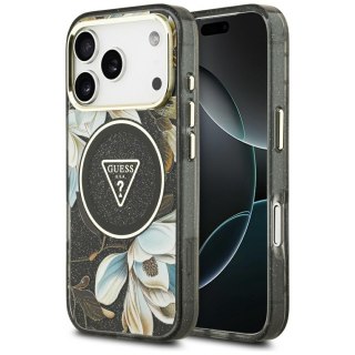 Guess Nakładka Magsafe IML Case Glitter Flowers And Triangle With Metal Camera Frame And Buttons Do iPhone 17 Pro Max Czarna