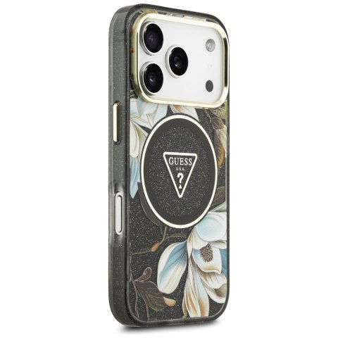 Guess Nakładka Magsafe IML Case Glitter Flowers And Triangle With Metal Camera Frame And Buttons Do iPhone 17 Pro Max Czarna