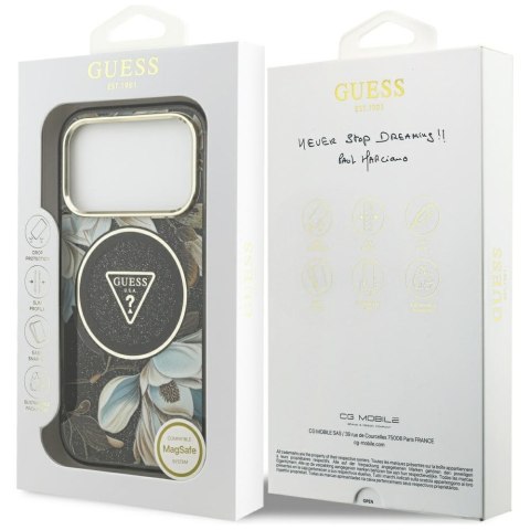 Guess Nakładka Magsafe IML Case Glitter Flowers And Triangle With Metal Camera Frame And Buttons Do iPhone 17 Pro Max Czarna