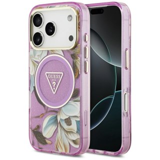 Guess Nakładka Magsafe IML Case Glitter Flowers And Triangle With Metal Camera Frame And Buttons Do iPhone 17 Pro Max Fioletowa