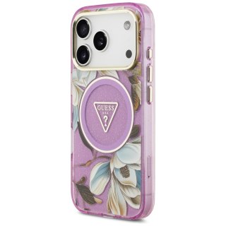 Guess Nakładka Magsafe IML Case Glitter Flowers And Triangle With Metal Camera Frame And Buttons Do iPhone 17 Pro Max Fioletowa