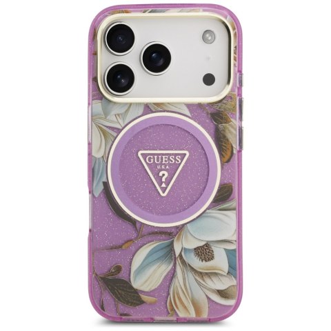 Guess Nakładka Magsafe IML Case Glitter Flowers And Triangle With Metal Camera Frame And Buttons Do iPhone 17 Pro Max Fioletowa