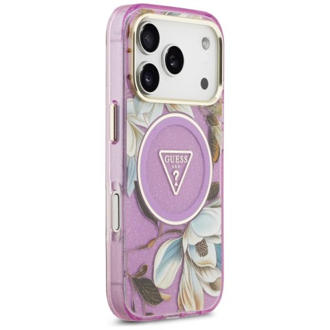 Guess Nakładka Magsafe IML Case Glitter Flowers And Triangle With Metal Camera Frame And Buttons Do iPhone 17 Pro Max Fioletowa
