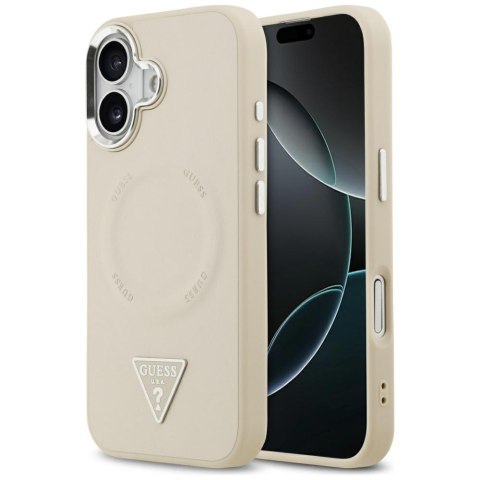 Guess Nakładka Magsafe PU Leather Case With Triangle Logo Silver Metal Camera Frame Do iPhone 17 Beżowa