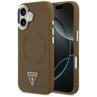 Guess Nakładka Magsafe PU Leather Case With Triangle Logo Silver Metal Camera Frame Do iPhone 17 Brązowa