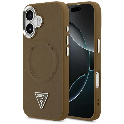 Guess Nakładka Magsafe PU Leather Case With Triangle Logo Silver Metal Camera Frame Do iPhone 17 Brązowa