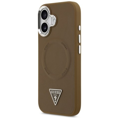Guess Nakładka Magsafe PU Leather Case With Triangle Logo Silver Metal Camera Frame Do iPhone 17 Brązowa