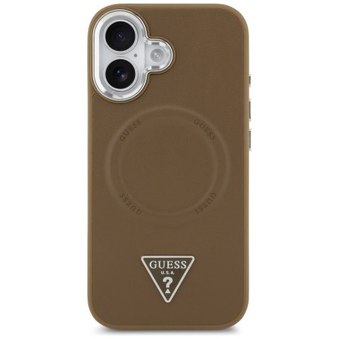 Guess Nakładka Magsafe PU Leather Case With Triangle Logo Silver Metal Camera Frame Do iPhone 17 Brązowa