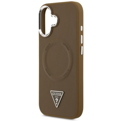 Guess Nakładka Magsafe PU Leather Case With Triangle Logo Silver Metal Camera Frame Do iPhone 17 Brązowa